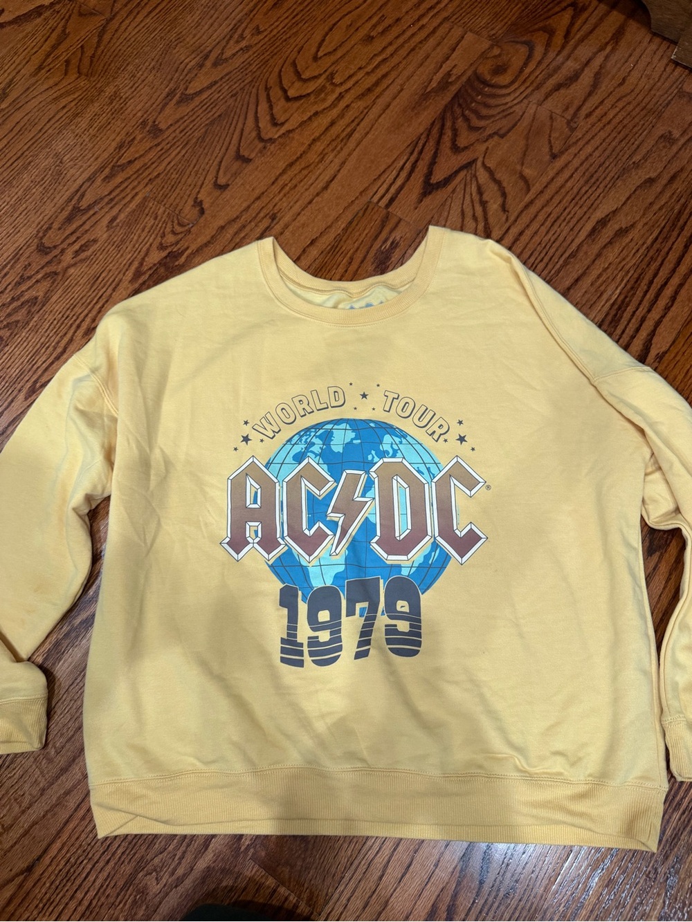 AC/DC Yellow Crewneck with Blue Globe Graphic